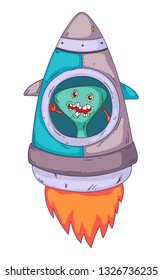 Space aliens, monster with spaceship, rocket. Cartoon character for little children. Kids drawing.