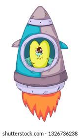 Space aliens, monster with spaceship, rocket. Cartoon character for little children. Kids drawing.