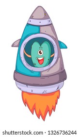 Space aliens, monster with spaceship, rocket. Cartoon character for little children. Kids drawing.