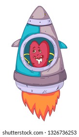 Space aliens, monster with spaceship, rocket. Cartoon character for little children. Kids drawing.