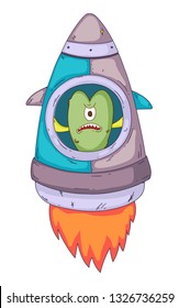 Space aliens, monster with spaceship, rocket. Cartoon character for little children. Kids drawing.