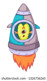Space aliens, monster with spaceship, rocket. Cartoon character for little children. Kids drawing.