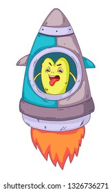 Space aliens, monster with spaceship, rocket. Cartoon character for little children. Kids drawing.
