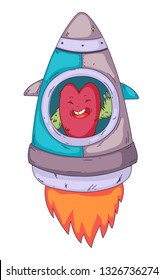 Space aliens, monster with spaceship, rocket. Cartoon character for little children. Kids drawing.