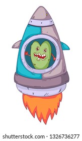 Space aliens, monster with spaceship, rocket. Cartoon character for little children. Kids drawing.