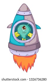 Space aliens, monster with spaceship, rocket. Cartoon character for little children. Kids drawing.