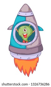 Space aliens, monster with spaceship, rocket. Cartoon character for little children. Kids drawing.