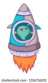 Space aliens, monster with spaceship, rocket. Cartoon character for little children. Kids drawing.