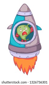 Space aliens, monster with spaceship, rocket. Cartoon character for little children. Kids drawing.