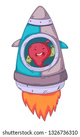 Space aliens, monster with spaceship, rocket. Cartoon character for little children. Kids drawing.