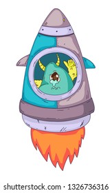 Space aliens, monster with spaceship, rocket. Cartoon character for little children. Kids drawing.