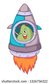 Space aliens, monster with spaceship, rocket. Cartoon character for little children. Kids drawing.
