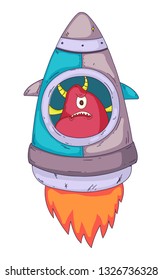 Space aliens, monster with spaceship, rocket. Cartoon character for little children. Kids drawing.