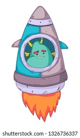Space aliens, monster with spaceship, rocket. Cartoon character for little children. Kids drawing.