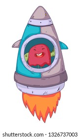Space aliens, monster with spaceship, rocket. Cartoon character for little children. Kids drawing.