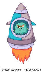Space aliens, monster with spaceship, rocket. Cartoon character for little children. Kids drawing.