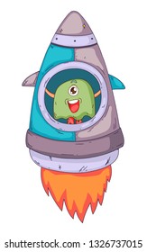 Space aliens, monster with spaceship, rocket. Cartoon character for little children. Kids drawing.