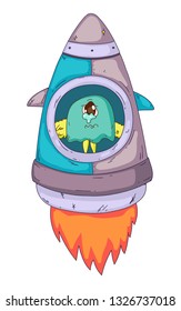Space aliens, monster with spaceship, rocket. Cartoon character for little children. Kids drawing.
