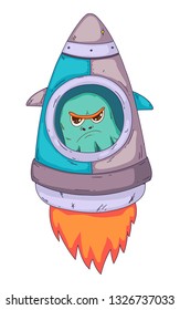 Space aliens, monster with spaceship, rocket. Cartoon character for little children. Kids drawing.