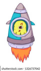 Space aliens, monster with spaceship, rocket. Cartoon character for little children. Kids drawing.