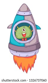 Space aliens, monster with spaceship, rocket. Cartoon character for little children. Kids drawing.