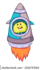 Space aliens, monster with spaceship, rocket. Cartoon character for little children. Kids drawing.