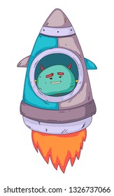 Space aliens, monster with spaceship, rocket. Cartoon character for little children. Kids drawing.