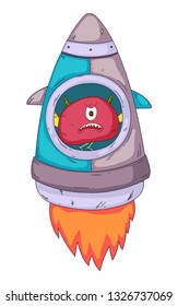 Space aliens, monster with spaceship, rocket. Cartoon character for little children. Kids drawing.