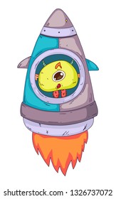 Space aliens, monster with spaceship, rocket. Cartoon character for little children. Kids drawing.
