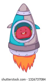Space aliens, monster with spaceship, rocket. Cartoon character for little children. Kids drawing.