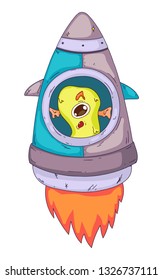 Space aliens, monster with spaceship, rocket. Cartoon character for little children. Kids drawing.