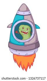 Space aliens, monster with spaceship, rocket. Cartoon character for little children. Kids drawing.