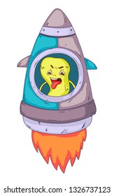 Space aliens, monster with spaceship, rocket. Cartoon character for little children. Kids drawing.