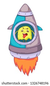 Space aliens, monster with spaceship, rocket. Cartoon character for little children. Kids drawing.