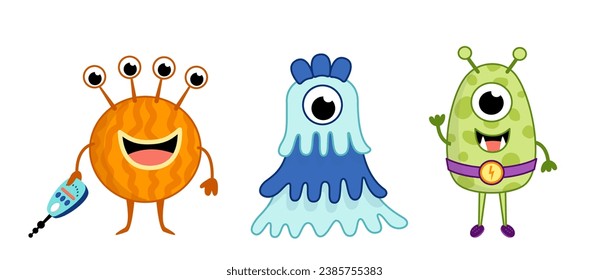 Space aliens. Orange, blue, green extraterrestrials. Cartoon. Isolated vector illustration eps 10