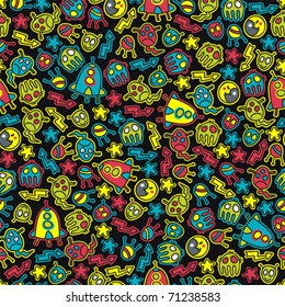 Space and aliens seamless pattern. Vector doodle illustration.