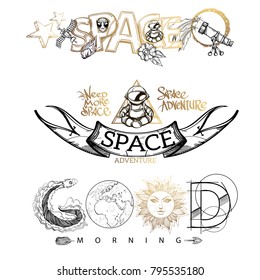 Space and aliens. Set of illustrations for design.