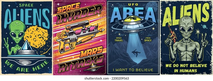 Space Aliens Set Vintage Flyers Colorful Stock Vector (Royalty Free ...