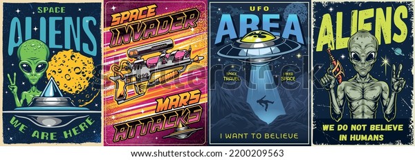 Space Aliens Set Vintage Flyers Colorful Stock Vector (Royalty Free ...