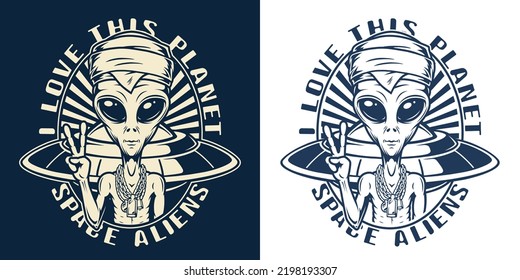 Space aliens sticker monochrome vintage big-eyed humanoid posing in front of UFO flying saucer showing V gesture vector illustration