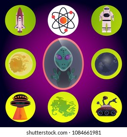 Space aliens ufo astronomical cosmo set. Shuttle, atom, galaxy, universe, planet, venus, mercury, rover, ship, unknown flying object. Modern cartoon vector illustration. Isolated on violet and black