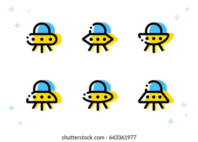 Space Aliens. UFO icon. Vector flying saucers. UFO abducts human. Game units. Game art. Spaceship icon. Space vehicle. Children toy. Cartoon spaceship. Space invader. Set of flying saucers. Spacecraft