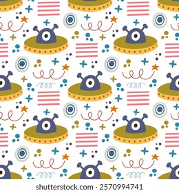 Space, aliens, UFO, stars seamless pattern, vector background. Ideal for fabric, textile, baby bedding, wallpaper, pajamas. Scandinavian style.