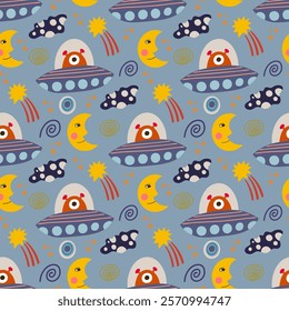 Space, aliens, UFO, stars seamless pattern, vector background. Ideal for fabric, textile, baby bedding, wallpaper, pajamas. Scandinavian style.