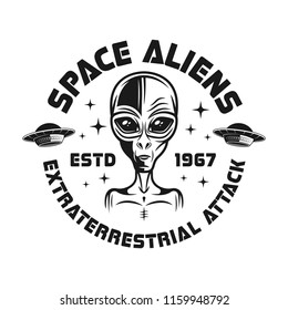 Space aliens vector emblem in vintage monochrome style isolated on white background