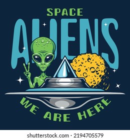 Space aliens vintage colorful flyer with yellow planet and UFO flying saucer for moving between galaxies and universes vector illustration