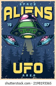 Space aliens vintage flyer colorful flying saucers invading planet earth hang over forest carry out secret landing Martians vector illustration