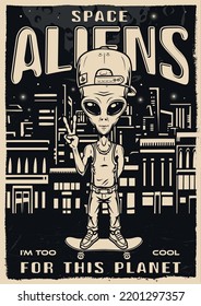 Space aliens vintage flyer monochrome Mystical Martian from sci-fi movies rides around city on skateboard showing victory gesture vector illustration