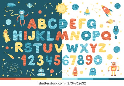 Space alphabet in cartoon style.Vector funny comic letters and numbers. Looks great on white and dark background. Modern illustration for kids, nursery, poster, card, birthday party, baby t-shirts.