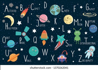 Space alphabet for children. Cute flat ABC with galaxy, stars, astronaut 